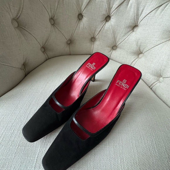 FENDI Vintage Black Suede & Leather Mule Heels | Square Toe | Made in Italy | 7 - Picture 3 of 8